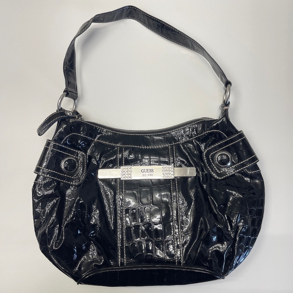 Guess Daisy Shine Bag Purse Black Croc Embossed Y2K Rhinestone Bling Glam Retro